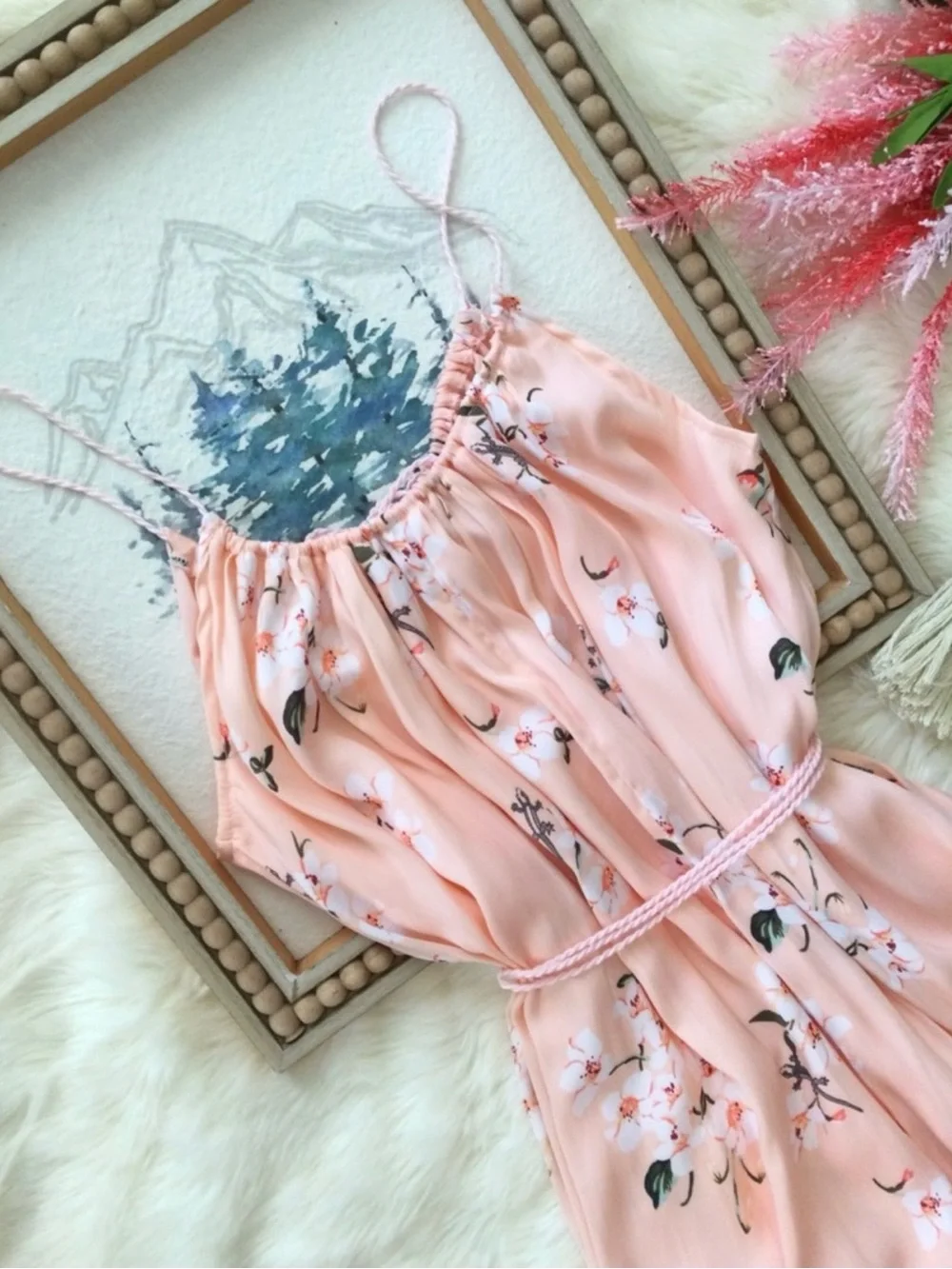 XS/S Abercrombie & Fitch Peach Floral Gecko Lizard Maxi Dress Western Boho